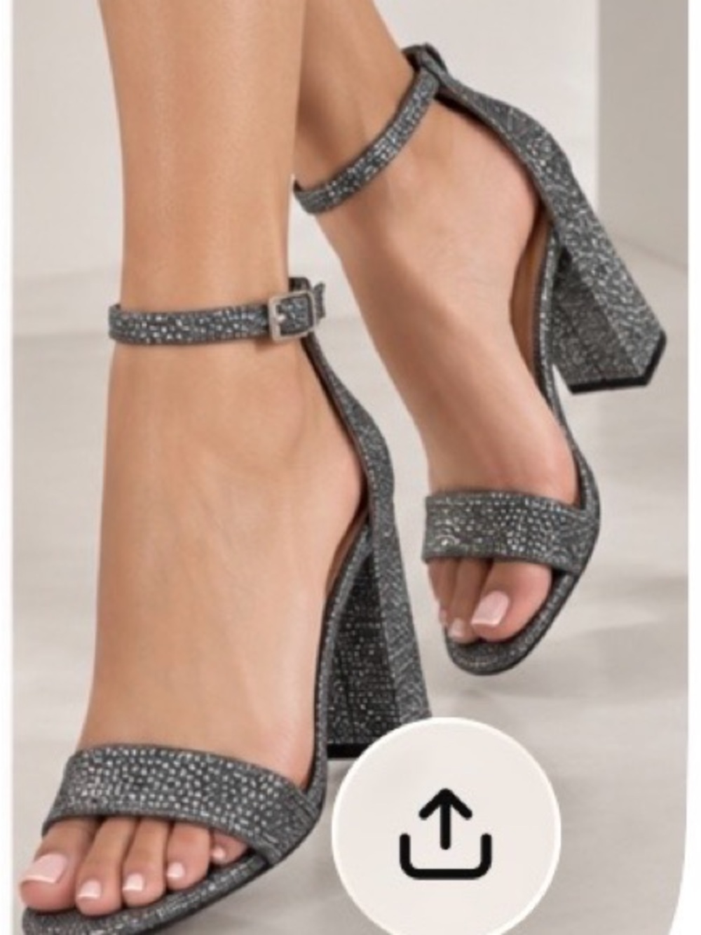 Glitter Ankle-Strap Block Heels - Silver